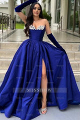 Glamorous Long Royal Blue A-line Glitter Satin Prom Evening Dresses with Slit