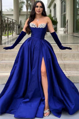 Glamorous Long Royal Blue A-line Glitter Satin Prom Evening Dresses with Slit