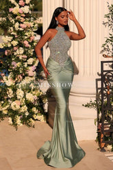 Glamorous Long Sage Mermaid High Neck Sleeveless Lace Prom Evening Dresses