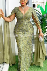 Glamorous Long Sage V-neck Mermaid Lace Beading Evening Dress