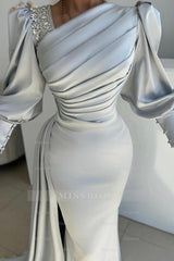 Glamorous Long Silver Mermaid Satin Pleated Long Sleeves Prom Evening Dresses with Side Slit