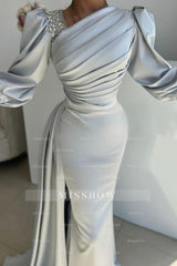 Glamorous Long Silver Mermaid Satin Pleated Long Sleeves Prom Evening Dresses with Side Slit