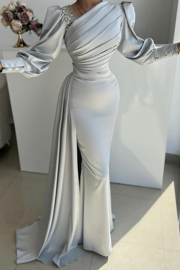 Glamorous Long Silver Mermaid Satin Pleated Long Sleeves Prom Evening Dresses with Side Slit
