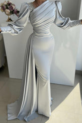 Glamorous Long Silver Mermaid Satin Pleated Long Sleeves Prom Evening Dresses with Side Slit