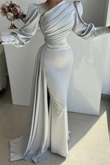 Glamorous Long Silver Mermaid Satin Pleated Long Sleeves Prom Evening Dresses with Side Slit