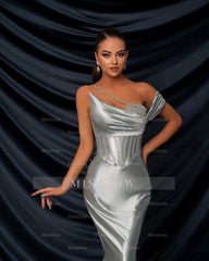 Glamorous Long Silver One Shoulder Sequined Sleeveless Mermaid Prom Dress
