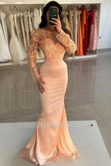 Glamorous Mermaid Orange Crew Long Sleeves Lace Floor-Length Detachable Panel Train Satin Prom Evening Dresses