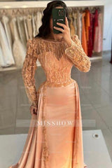 Glamorous Mermaid Orange Crew Long Sleeves Lace Floor-Length Detachable Panel Train Satin Prom Evening Dresses