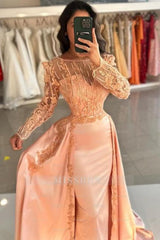 Glamorous Mermaid Orange Crew Long Sleeves Lace Floor-Length Detachable Panel Train Satin Prom Evening Dresses