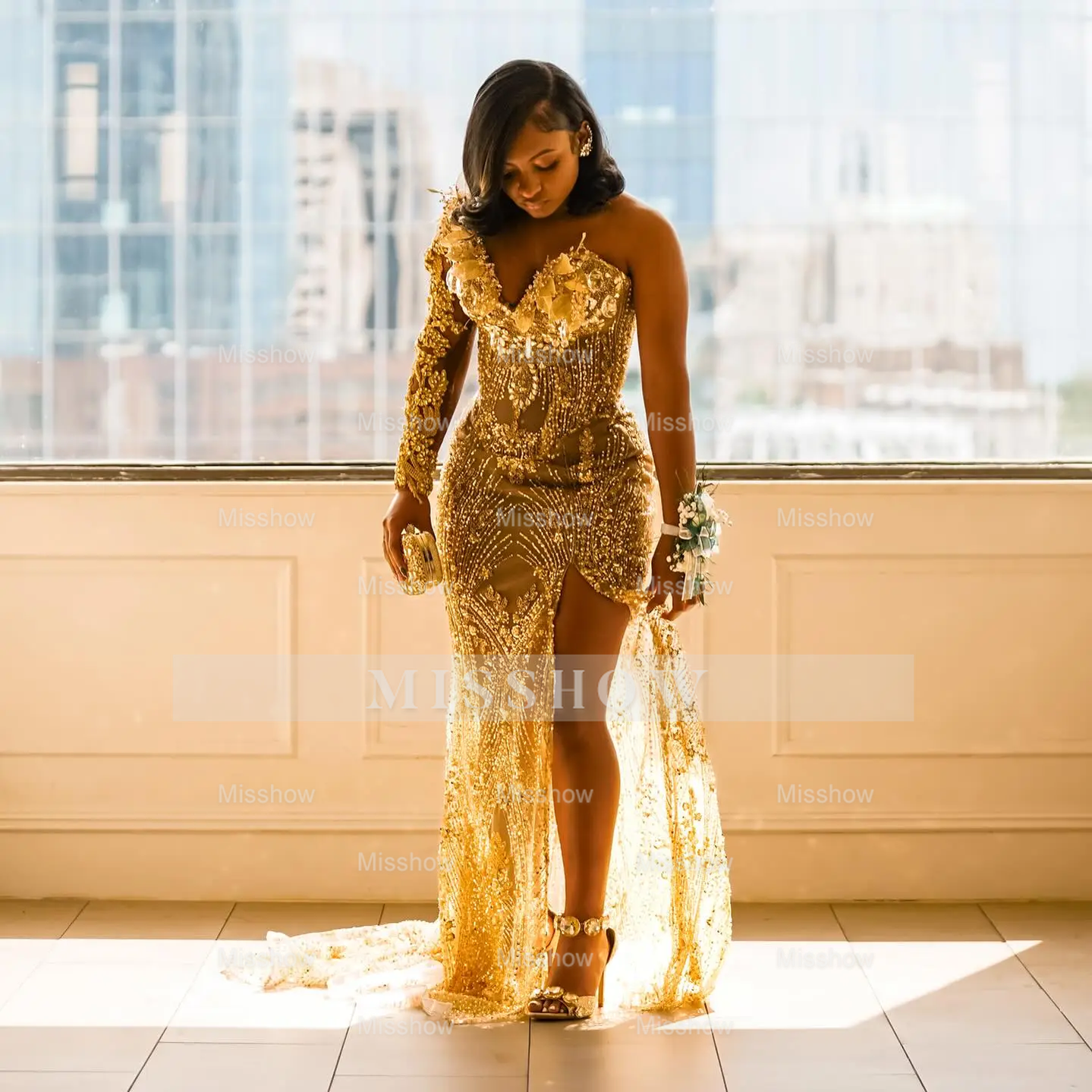 Glamorous One-Shoulder Gold Mermaid Prom Dress 3D Floral Illusion Bodice Prom Gown with Crystal Beading & High Slit