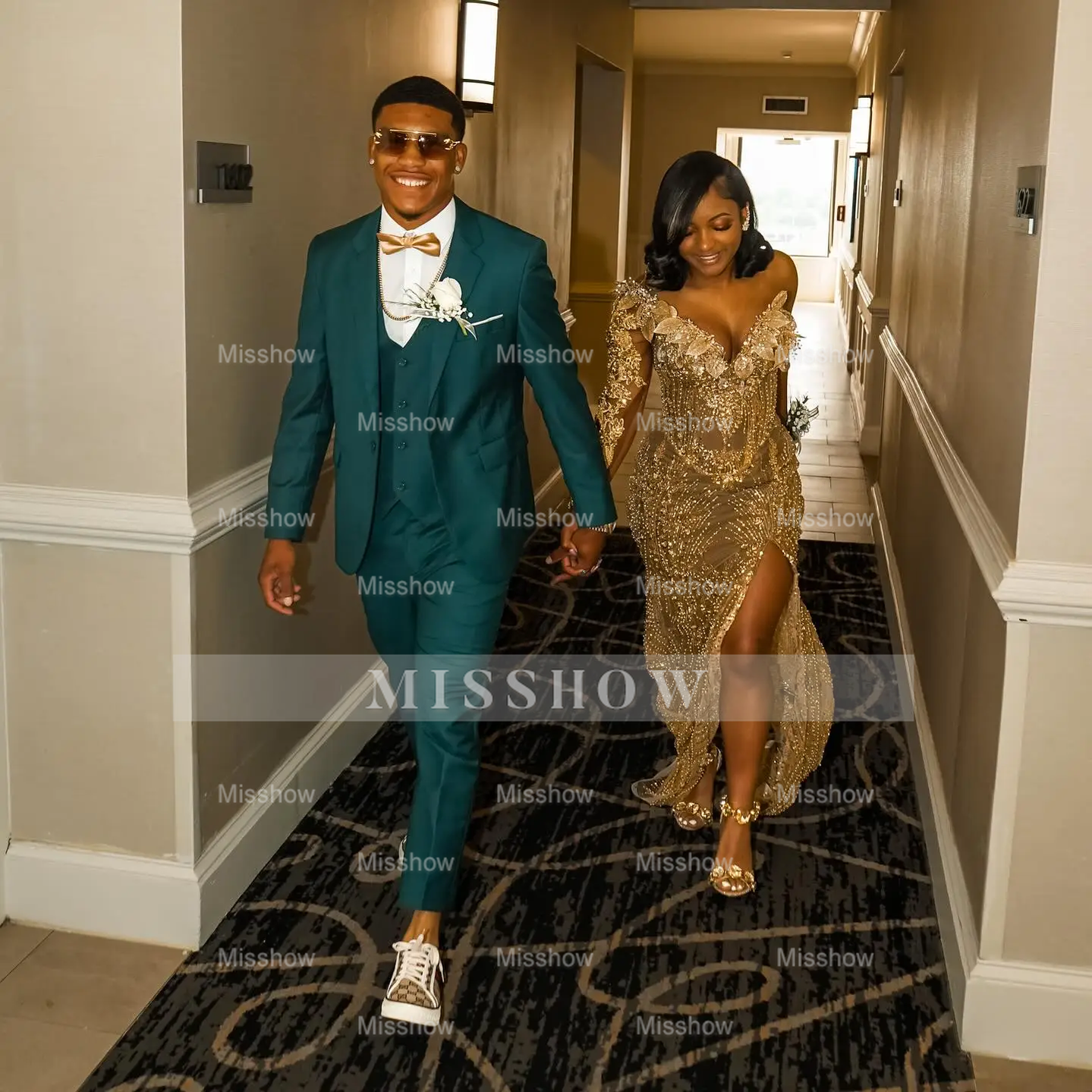 Glamorous One-Shoulder Gold Mermaid Prom Dress 3D Floral Illusion Bodice Prom Gown with Crystal Beading & High Slit