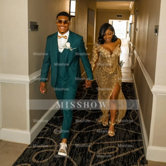 Glamorous One-Shoulder Gold Mermaid Prom Dress 3D Floral Illusion Bodice Prom Gown with Crystal Beading & High Slit