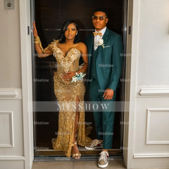 Glamorous One-Shoulder Gold Mermaid Prom Dress 3D Floral Illusion Bodice Prom Gown with Crystal Beading & High Slit