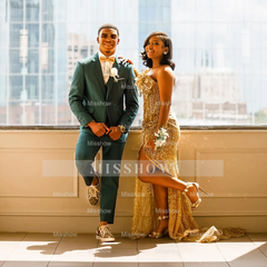 Glamorous One-Shoulder Gold Mermaid Prom Dress 3D Floral Illusion Bodice Prom Gown with Crystal Beading & High Slit