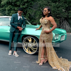 Glamorous One-Shoulder Gold Mermaid Prom Dress 3D Floral Illusion Bodice Prom Gown with Crystal Beading & High Slit