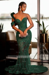 Glamorous One Shoulder Mermaid Prom Dress with Glitter Sequins Pearls and Ruffles - Sweetheart Evening Gown