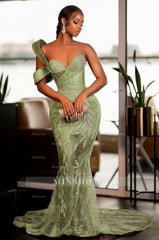 Glamorous One Shoulder Mermaid Prom Dress with Glitter Sequins Pearls and Ruffles - Sweetheart Evening Gown