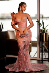 Glamorous One Shoulder Mermaid Prom Dress with Glitter Sequins Pearls and Ruffles - Sweetheart Evening Gown