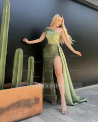 Glamorous One-Shoulder Sleeveless Long Split Formal Dress With Ruffles And Sequins Beadings