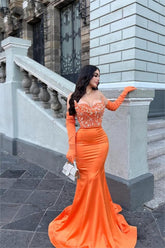 Glamorous Orange Stain Strapless Mermaid Beaded Long Formal Dress With Gloves