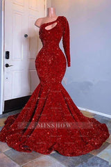 Glamorous Red Long Sleeves One-Shoulder Mermaid Prom Evening Dresses Sequins