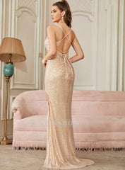 Glamorous Sexy V-Neck Glitter Sequin Floor Length Dress with Slit