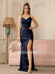 Glamorous Sexy V-Neck Glitter Sequin Floor Length Dress with Slit