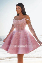 Glamorous Short Pink Cocktail Dresses Off-the-shoulder Glitter Prom Evening Dresses With Lace