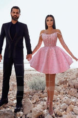 Glamorous Short Pink Cocktail Dresses Off-the-shoulder Glitter Prom Evening Dresses With Lace