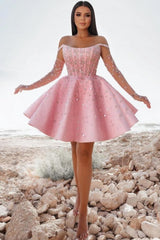 Glamorous Short Pink Cocktail Dresses Off-the-shoulder Glitter Prom Evening Dresses With Lace