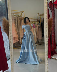 Glamorous Sky Blue Off-The-Shoulder Sleeveless A-Line Formal Dress with Rhinestones