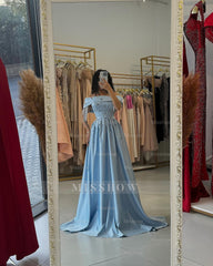 Glamorous Sky Blue Off-The-Shoulder Sleeveless A-Line Formal Dress with Rhinestones