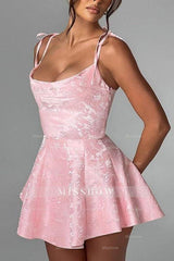 Glamorous Spaghetti Straps Satin Mini Party Dress Jacquard Sleeveless Homecoming Dress