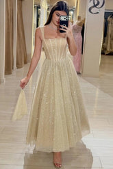 Glamorous Square Neck Sleeveless Boned Corset Sequin Tulle A-Line Tea Length Party Dress