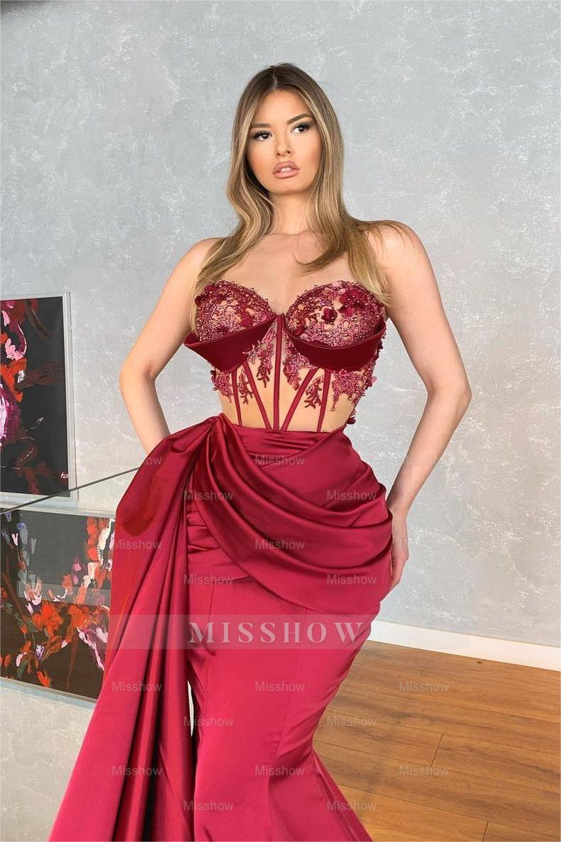 Glamorous Strapless Sleeveless Long Pleated Mermaid Formal Dress With Embroidery