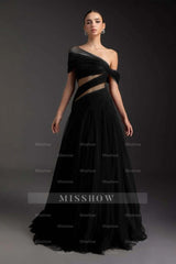 Glamorous Tulle One Shoulder Sleeveless Long Formal Dress With Pleated