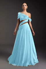 Glamorous Tulle One Shoulder Sleeveless Long Formal Dress With Pleated