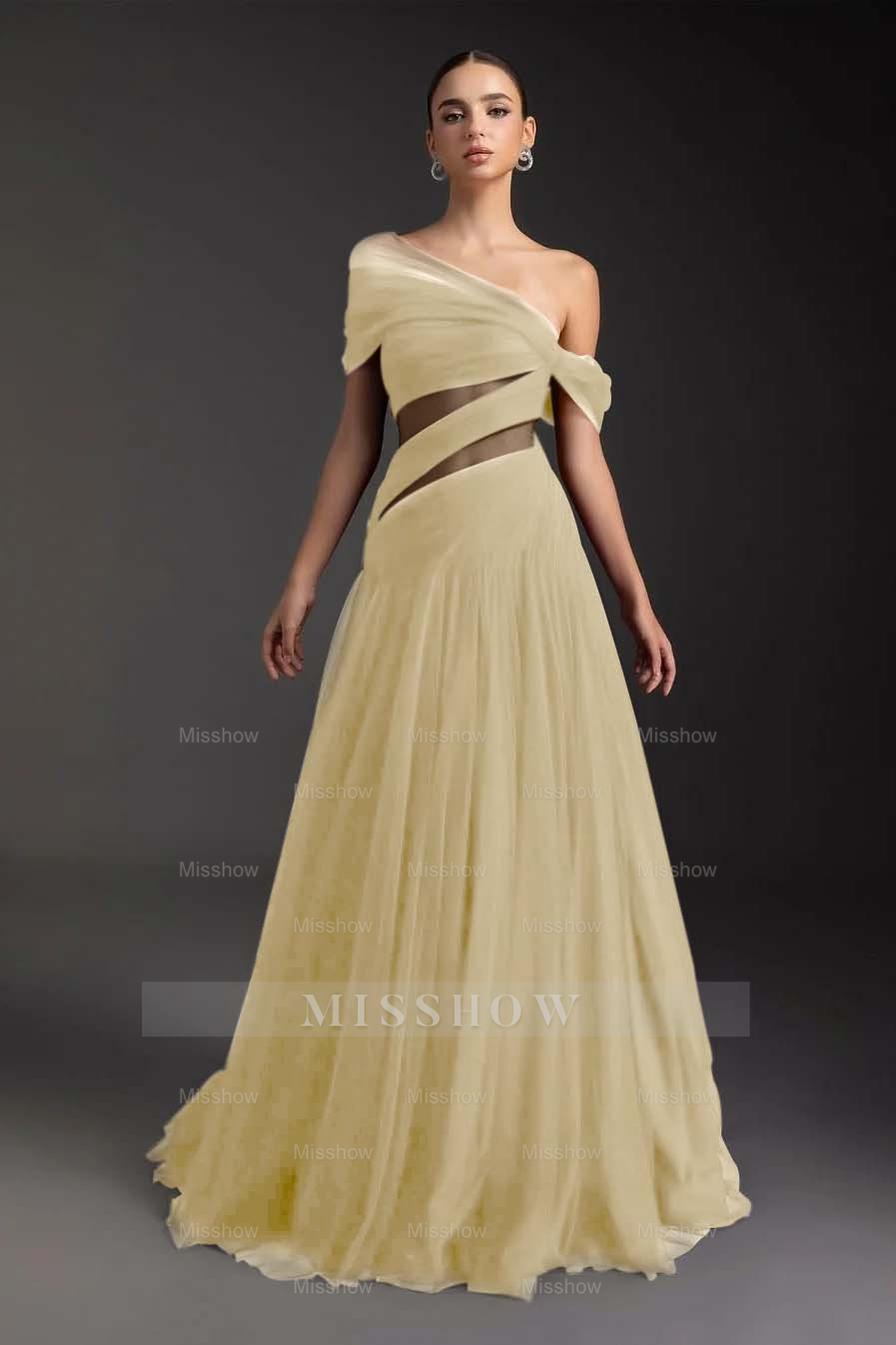 Glamorous Tulle One Shoulder Sleeveless Long Formal Dress With Pleated