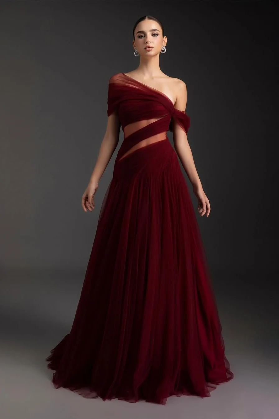 Glamorous Tulle One Shoulder Sleeveless Long Formal Dress With Pleated