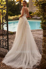 Glamorous White A-Line Spaghetti Strap V-Neck Beaded Sleeveless Long Tulle Wedding Dresses With Appliques
