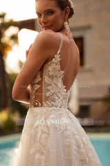 Glamorous White A-Line Spaghetti Strap V-Neck Beaded Sleeveless Long Tulle Wedding Dresses With Appliques