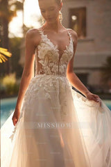 Glamorous White A-Line Spaghetti Strap V-Neck Beaded Sleeveless Long Tulle Wedding Dresses With Appliques