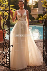Glamorous White A-Line Spaghetti Strap V-Neck Beaded Sleeveless Long Tulle Wedding Dresses With Appliques