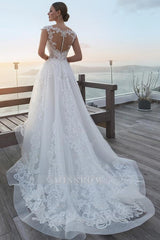 Glamorous White A-Line V-neck Off-The-Shoulder Sleeveless Lace Long Tulle Wedding Dresses With Appliques