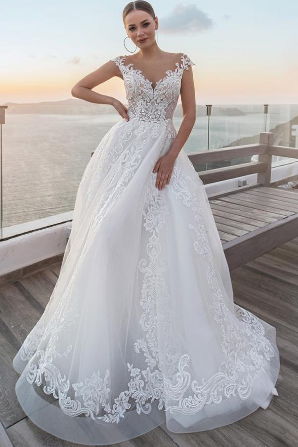 Glamorous White A-Line V-neck Off-The-Shoulder Sleeveless Lace Long Tulle Wedding Dresses With Appliques