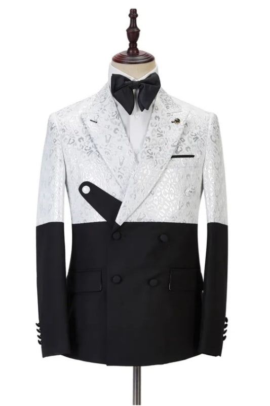 Glamorous White Jacquard Double-Breasted Peaked Lapel Prom Suit
