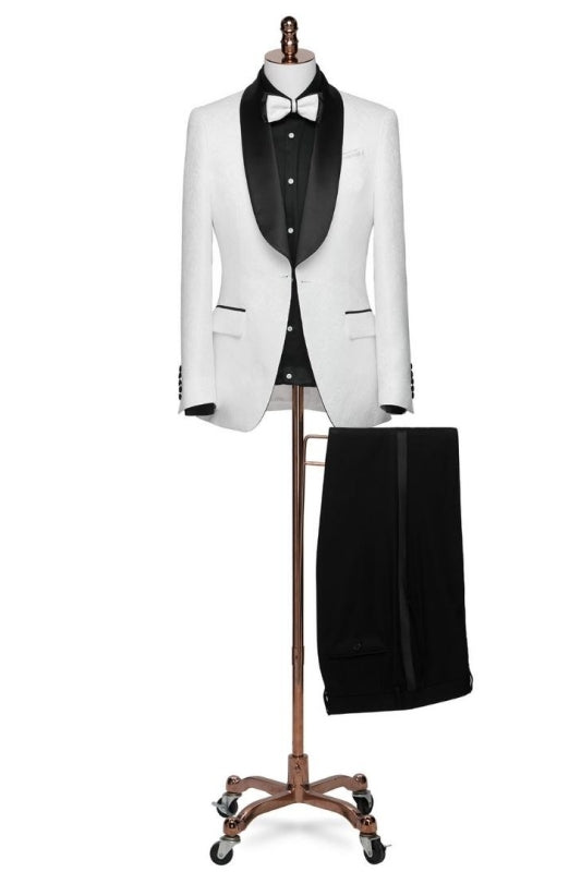 Glamorous White Jacquard Shawl Collar Two-Piece Groom's Suit