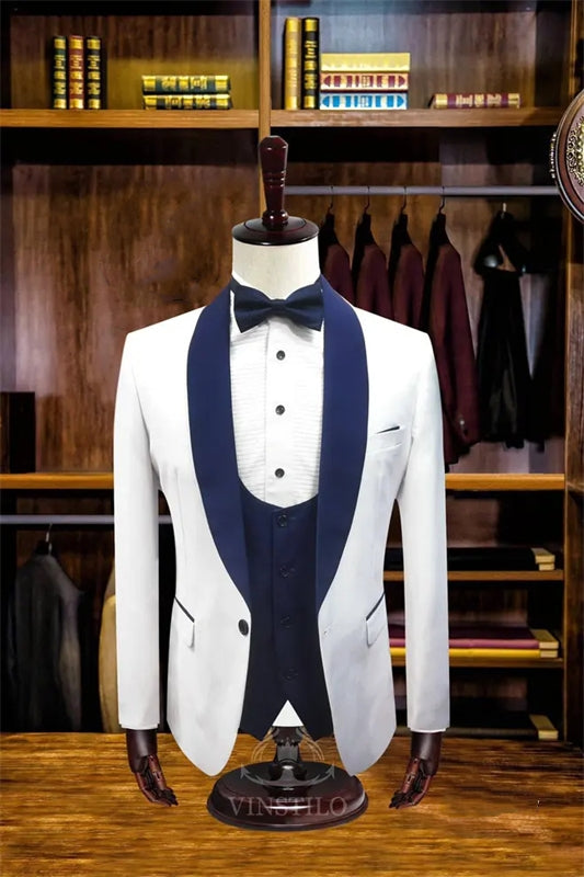 Glamorous White Shawl Collar Three-Piece Wedding Outfit