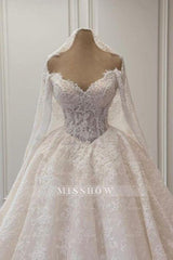 Glamorous White Sweetheart A-Line Long Sleeve Beaded Ball Gown Lace Floor-Length Wedding Dresses
