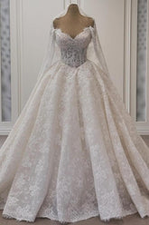 Glamorous White Sweetheart A-Line Long Sleeve Beaded Ball Gown Lace Floor-Length Wedding Dresses